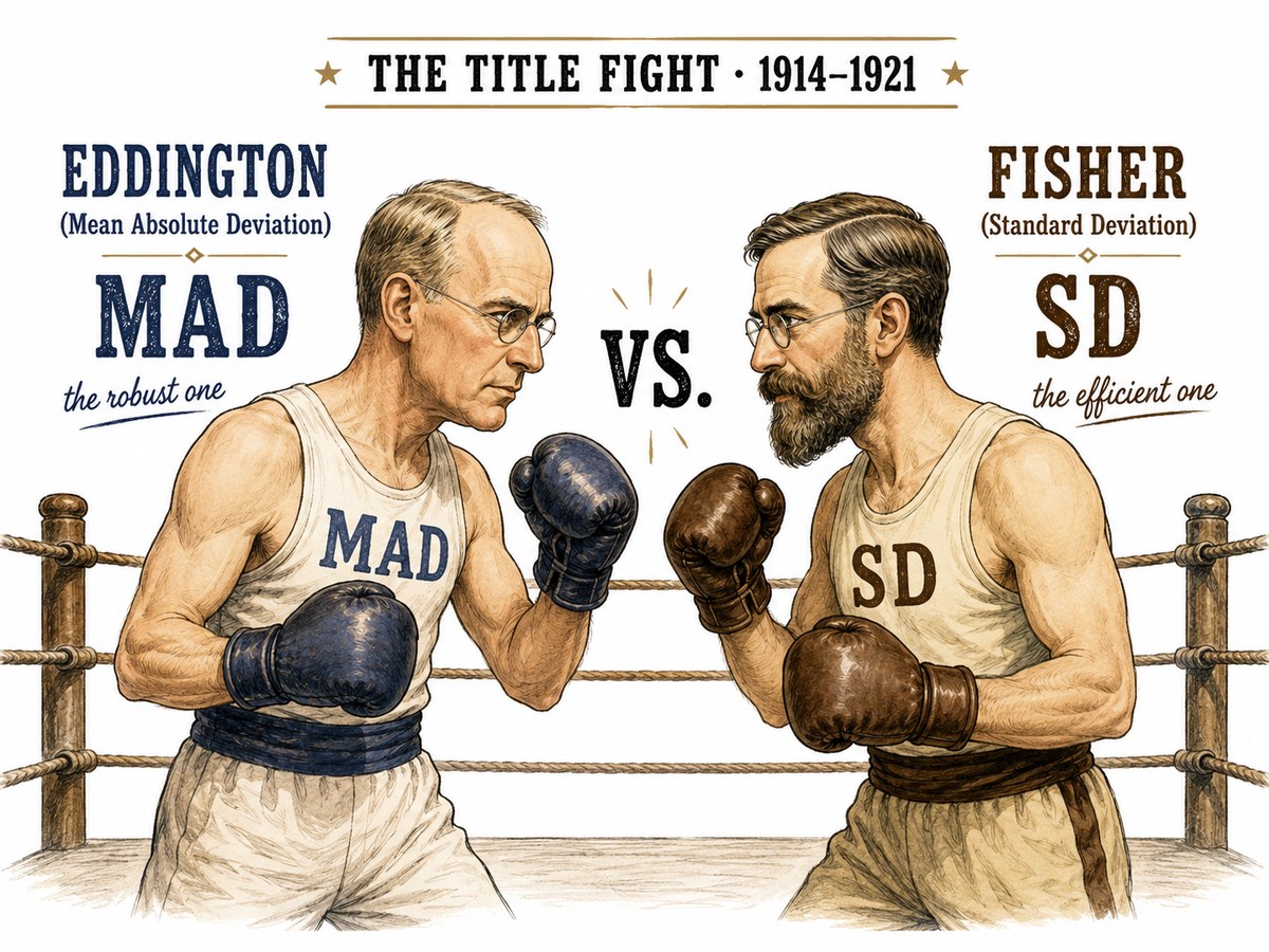 Eddington (Mean Absolute Deviation) versus Fisher (Standard Deviation), drawn as a boxing-match title fight, 1914 to 1921.